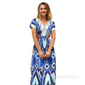 Donna sexy Donna a V-Neck Flower Stampato Maxi Beach Dress